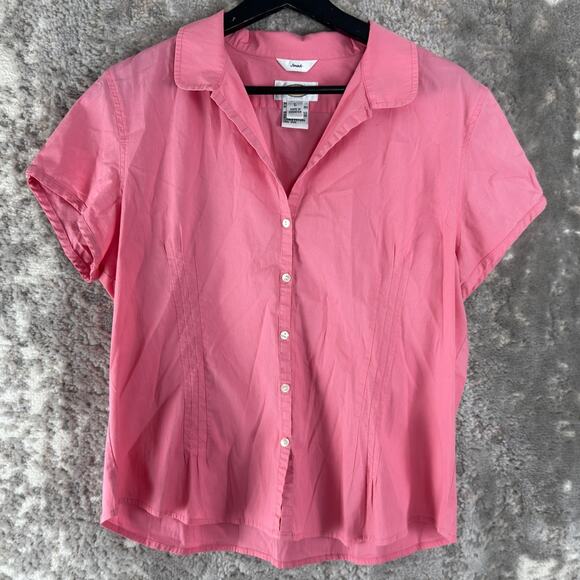 Talbots Size L Stretch V Neck Casual Button Top Pink Short Sleeve Shirt - Picture 1 of 9